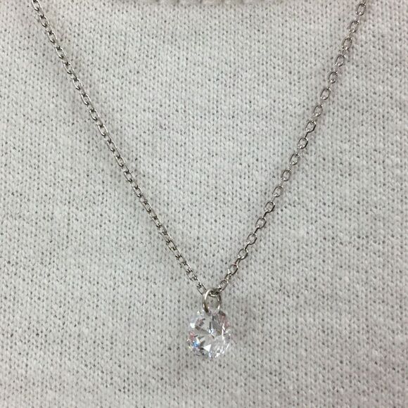 Sterling Silver Necklace Cubic Zirconia CZ 6mm Charm 17.5in Chain - Picture 12 of 16